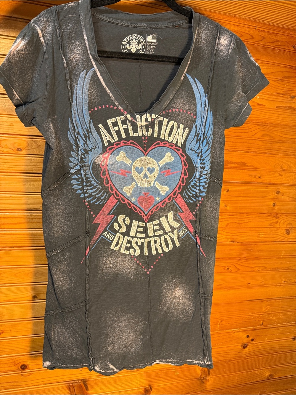 Affliction Black Shirt with heart wings and skull Graphics